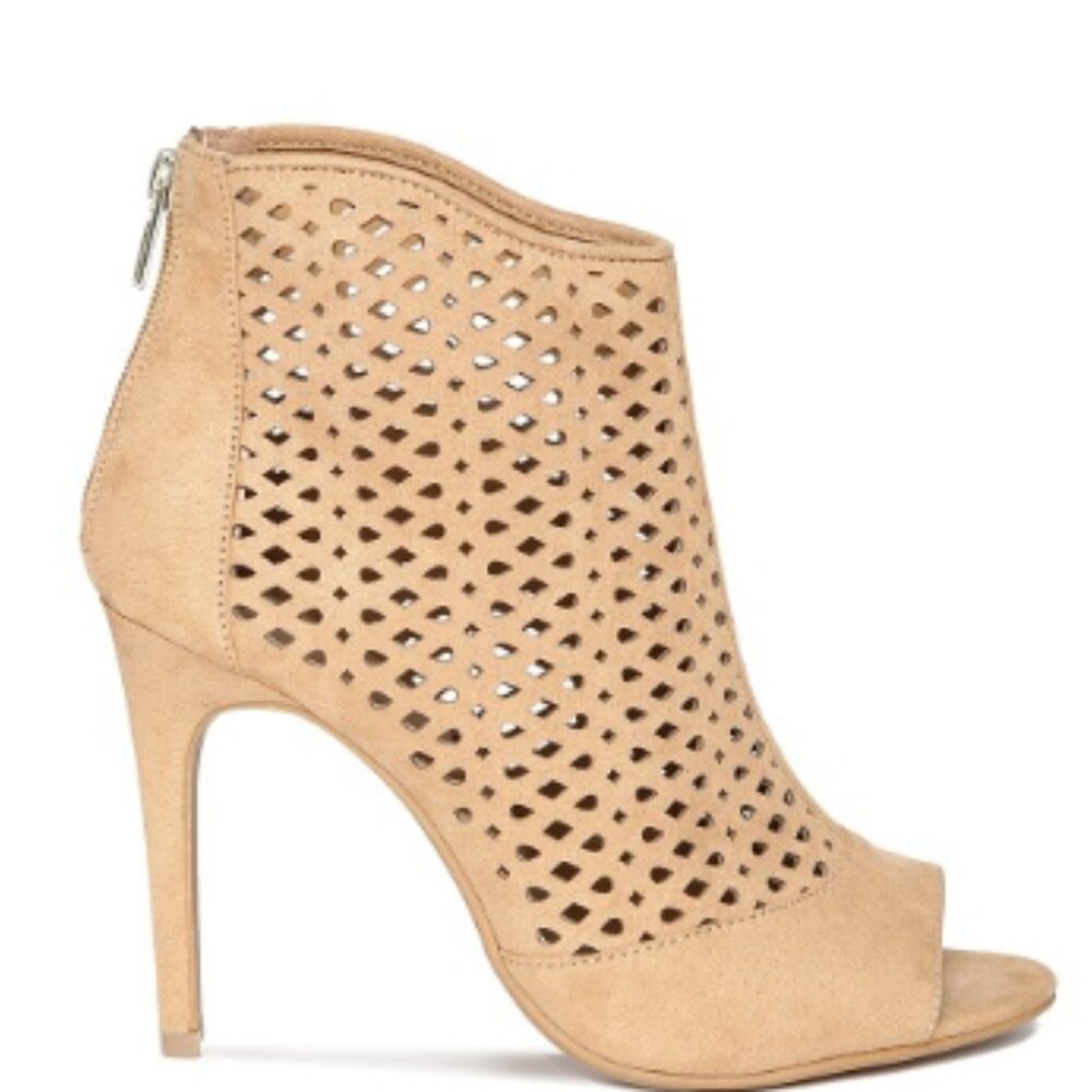 Forever 21 tan suede textile cut-out peep toe slim high heel booties, Sz 5.5